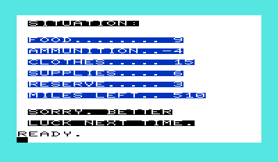 Trail West (VIC-20) screenshot: Run out of a resource and it's game over.