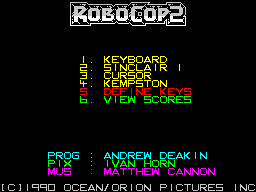 RoboCop 2 (ZX Spectrum) screenshot: The games main menu screen and development team credits