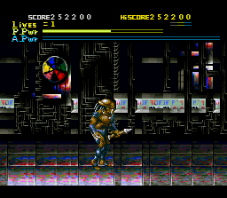 Alien Vs Predator (SNES) screenshot: The character sprite changes depending on the currently selected weapon - in this case, the spear.