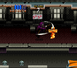Ghoul Patrol (SNES) screenshot: Turned into the Grim Reaper, you become invincible and extremely powerful