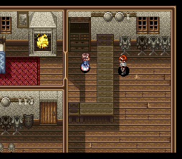 Ys V: Ushinawareta Suna no Miyako Kefin (SNES) screenshot: The shops also have interiors. Check out the nice detail - armor standing near the wall, fireplace...