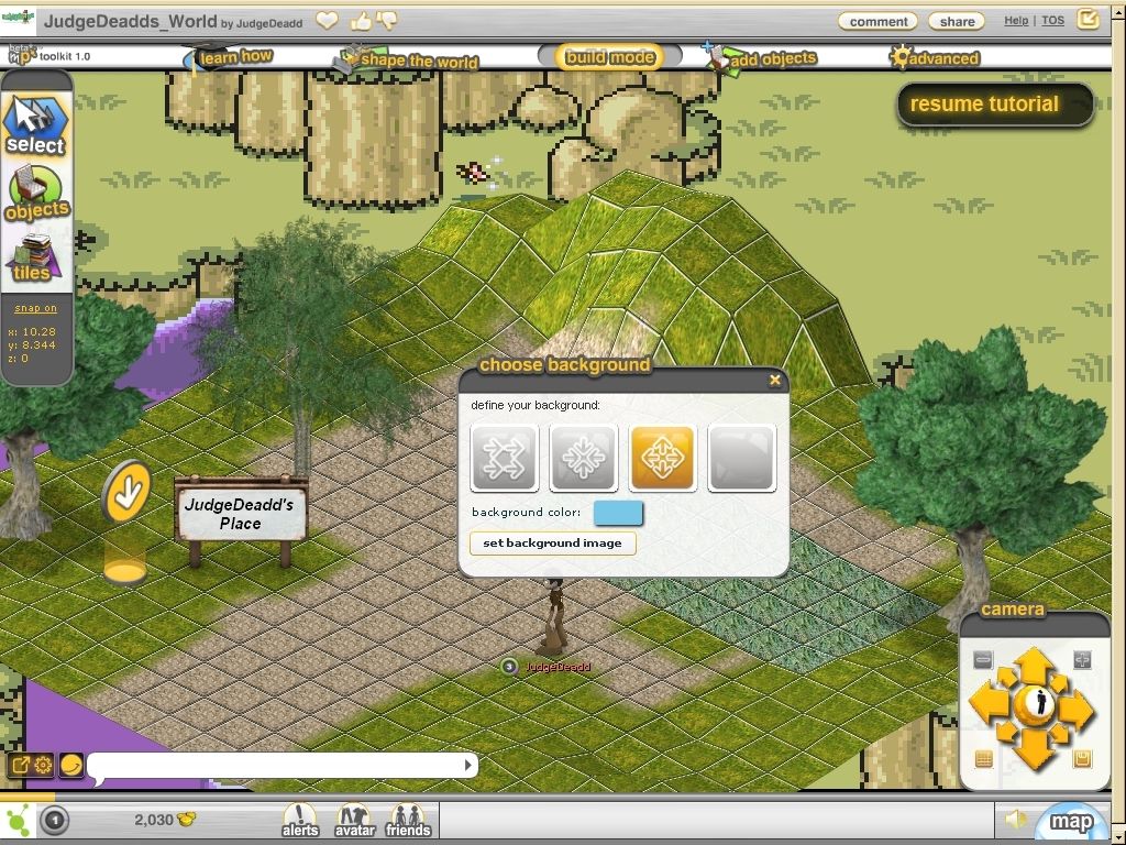 Metaplace (Browser) screenshot: Choosing the right background will give your small newbie world the feeling of vastness.