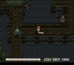 Ys V: Ushinawareta Suna no Miyako Kefin (SNES) screenshot: Sad, moody docks dungeon with rain