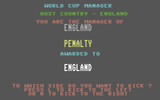World Cup Soccer (Commodore 64) screenshot: Penalty. Which way?