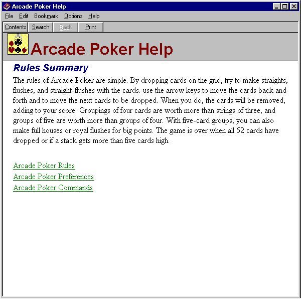 Arcade Poker (Windows) screenshot: There is a detailed help file. It opens in a new window
