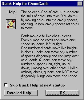 ChessCards (Windows) screenshot: The game has an optional 'Quick Help' screen that opens in a new window when the game loads