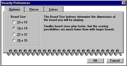 Voracity (Windows) screenshot: The game configuration screen is accessed via the menu bar.