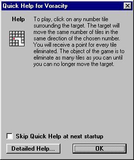 Voracity (Windows) screenshot: This help window opens when the game loads. It is optional and can be supressed.