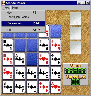 Arcade Poker (Windows) screenshot: The game configuration screen is accessed via the menu bar
