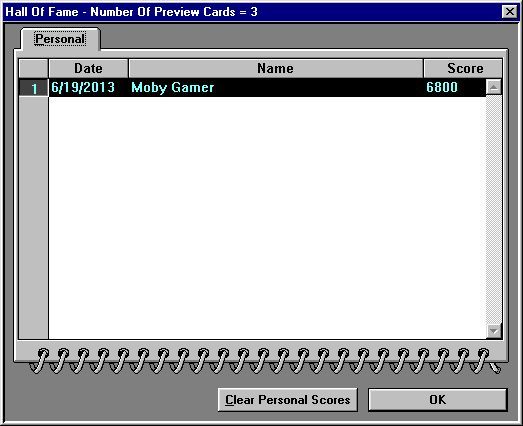 Arcade Poker (Windows) screenshot: The high score table opens in a new window