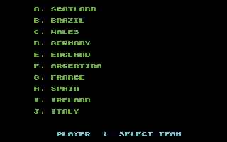 World Cup (Commodore 64) screenshot: Pick your team.