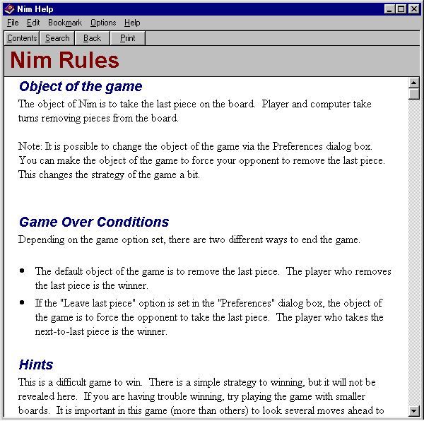 Nim (Windows) screenshot: A detailed help screen is available. It opens up in a new window. This can me accessed via the menu bar.