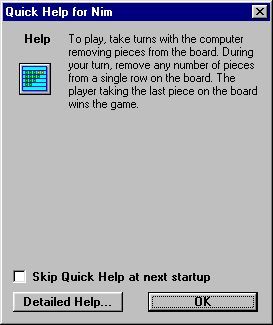 Nim (Windows) screenshot: A 'Quick Help' screen opens up when the game is loaded. It is optional and can be suppressed.