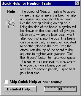Neutron Trails (Windows) screenshot: This help window is displayed when the game loads, it is optional.
