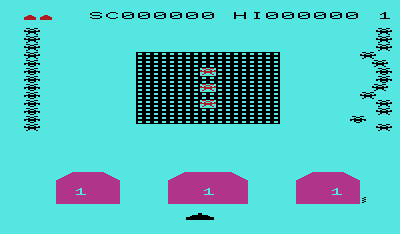 Cosmic Jailbreak (VIC-20) screenshot: While visually similar to Space Invaders the gameplay is somewhat different. Aliens approach from the left and right sides of the screen.
