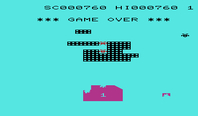 Cosmic Jailbreak (VIC-20) screenshot: Game over.