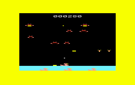 Deadly Duck (VIC-20) screenshot: Round two adds two dragonflies who will block your shots and drop bombs.