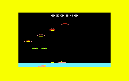Deadly Duck (VIC-20) screenshot: Bricks dropped by crabs will temporarily block your movement making you a sitting duck.