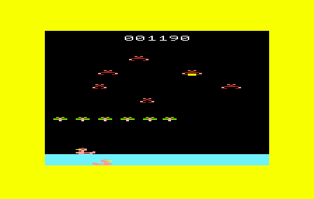 Deadly Duck (VIC-20) screenshot: Round four has six dragonflies, making it very difficult to shoot at the crabs without being blocked.