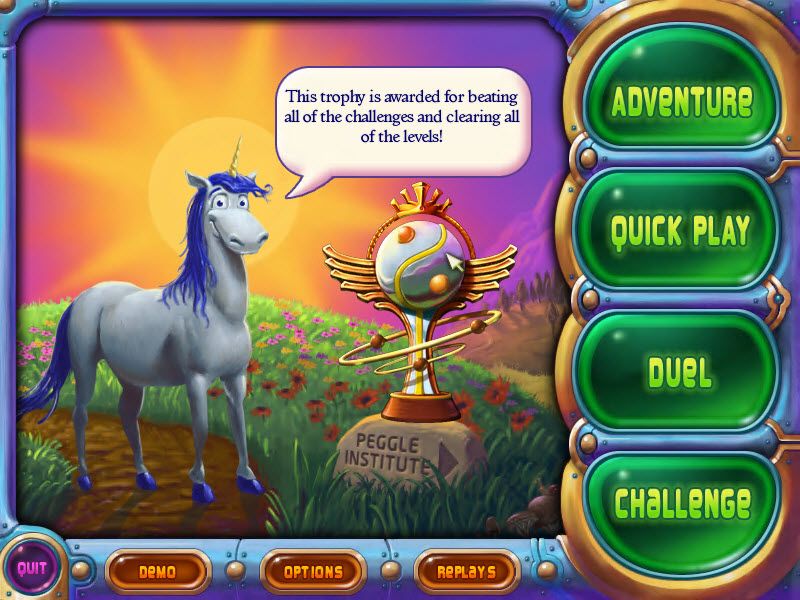 Peggle (Windows) screenshot: Bjorn Unicorn stands next to the coveted Extreme Grand Master trophy.