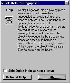 Pegopolis (Windows) screenshot: This help screen is optionally displayed when the game starts