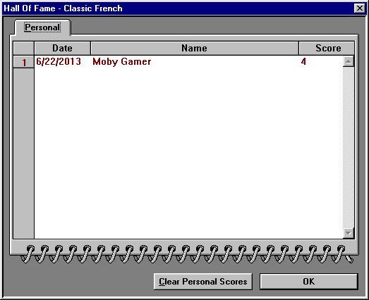 Pegopolis (Windows) screenshot: The high score screen is accessed via the menu bar