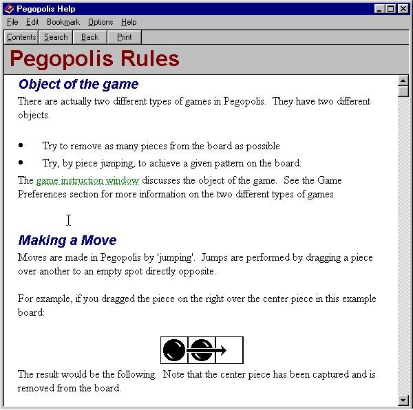 Pegopolis (Windows) screenshot: A detailed help file is available to the player. It can be accessed via the menu bar.
