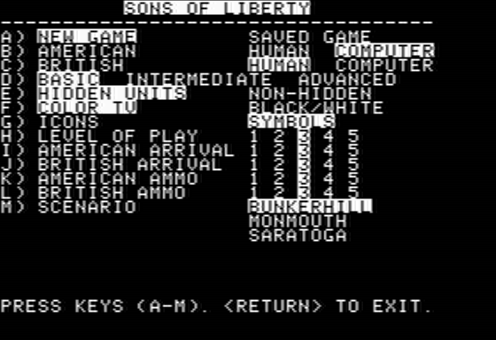 Sons of Liberty (Apple II) screenshot: Main Menu