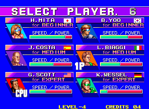 Windjammers (Neo Geo) screenshot: Character selection screen