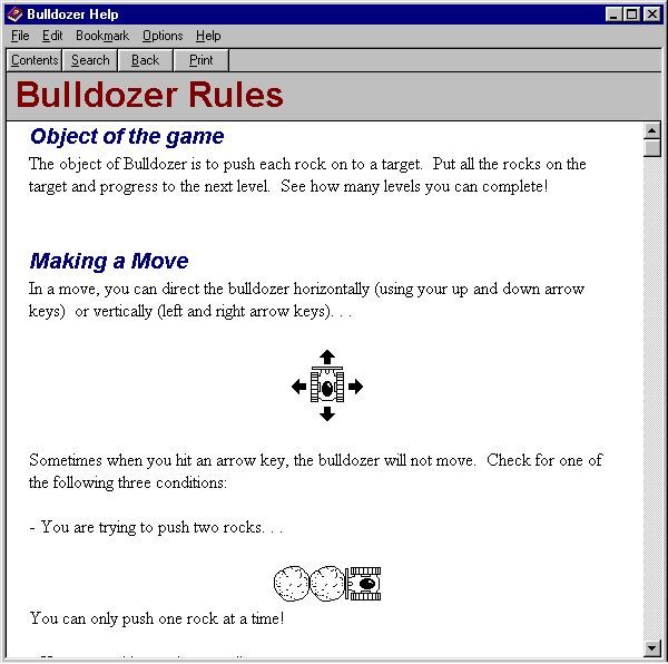 Bulldozer (Windows) screenshot: A detailed help file is available. It can be accessed via the menu bar and it opens in a new window