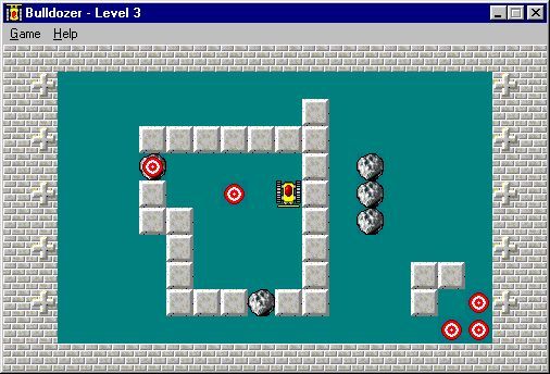 Bulldozer (Windows) screenshot: A later level showing an alternate colour scheme which has a definite 'retro' feel.