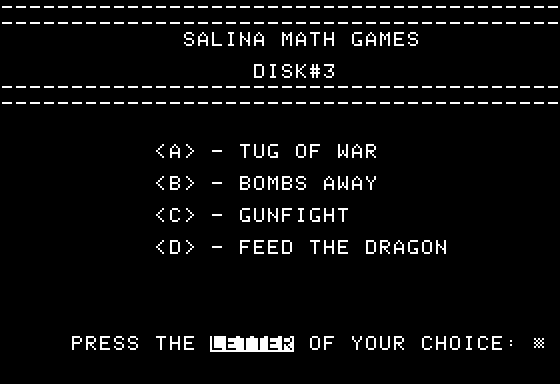 Salina Math Games: Disk Three (Apple II) screenshot: Main Menu