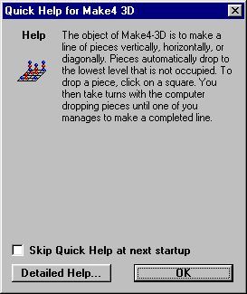 Make4 3D (Windows) screenshot: This 'Quick help' screen is displayed when the game loads. It is optional, it can be supressed.