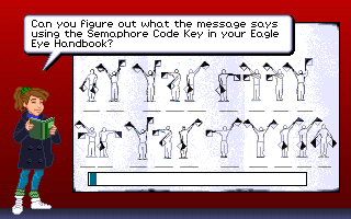 Eagle Eye Mysteries in London (DOS) screenshot: The semaphore code puzzle is copy protection too, but I found it fun to solve just by typing "semaphore code" into the search engine...