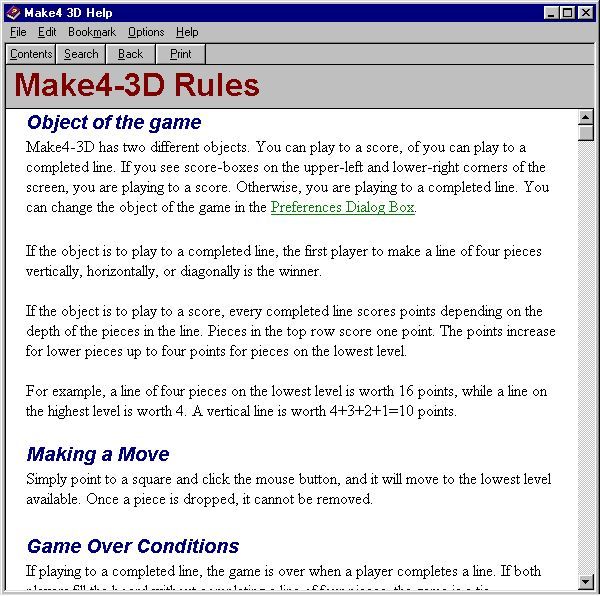 Make4 3D (Windows) screenshot: There is a detailed help file. It can be accessed via the game's menu bar
