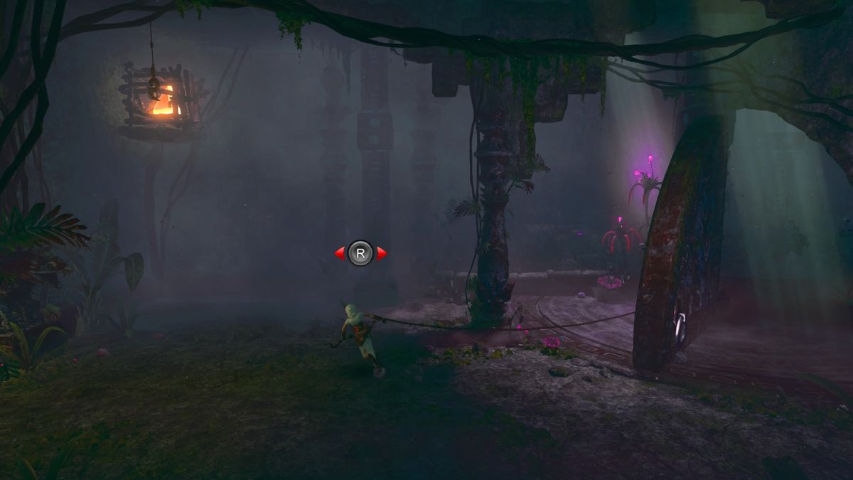 Trine 3: The Artifacts of Power (PlayStation 4) screenshot: Zoya can use her grappling arrows to pull heavy objects or tie them to another object