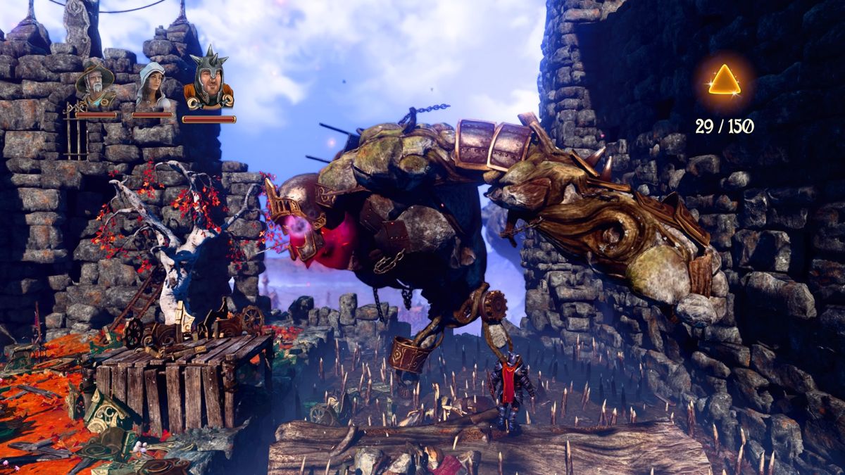 Trine 3: The Artifacts of Power (PlayStation 4) screenshot: Fighting a giant monster trying to break into magic academy