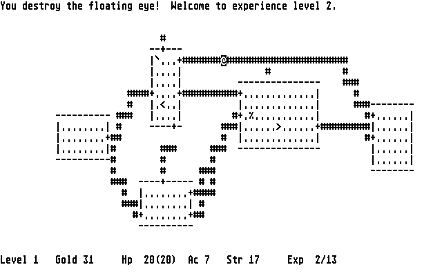 Hack (Atari ST) screenshot: Level up thanks to a floating eye.