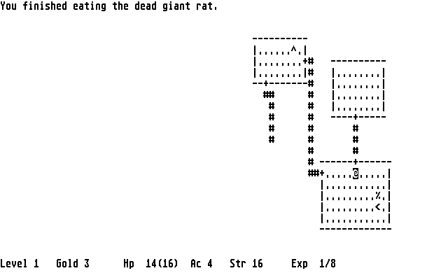 Hack (Atari ST) screenshot: Eating dead giant rats is not a good idea...