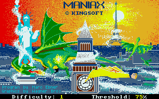 Maniax (Atari ST) screenshot: Title screen and options