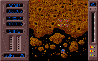 Typhoon (Atari ST) screenshot: Enemies are difficult to see on top of the rocks in zone 6