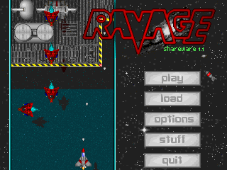 Ravage (DOS) screenshot: The main menu screen has a self-running demo of Ravage's gameplay in the background.