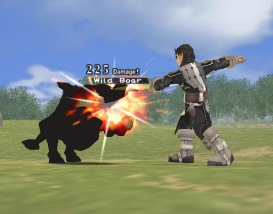 Suikoden III (PlayStation 2) screenshot: (Character) Geddoe punishes a wild boar