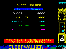 Sleepwalker (ZX Spectrum) screenshot: High score
