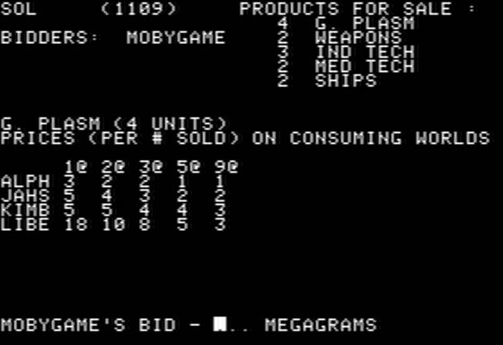 Trailblazer (Apple II) screenshot: Bidding on Plasma