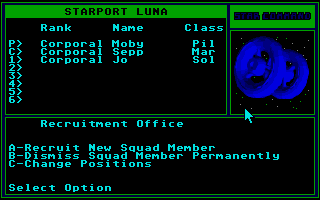 Star Command (Atari ST) screenshot: Recruiting squad members