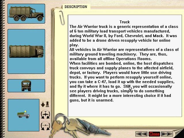 Air Warrior III (Windows) screenshot: The player can use vehicles too, there's this truck, the Flakpanzer IV, a Jeep and a T-34 Tank