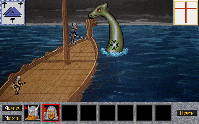 Hammer of the Gods (DOS) screenshot: At the higher difficulty levels you'll encounter sea dragons.