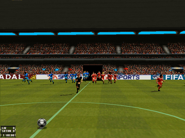 FIFA Soccer 96 (DOS) screenshot: The players run onto the glossy SVGA pitch