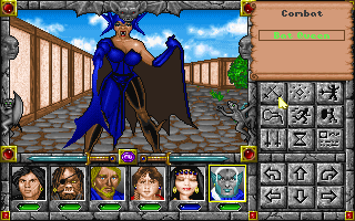 Might and Magic: Clouds of Xeen (DOS) screenshot: Towns in this game are no safe spots! This bat lady is showing you her... fangs. In Rivercity